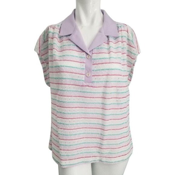 Marty Gutmacher Vintage 70s Blue White Collared Blouse Sz Medium Womens Open Kni - Picture 1 of 5